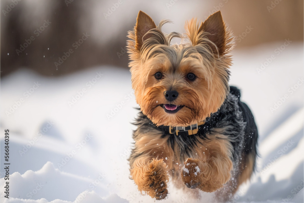 Cute Yorkshire Terrier dog running and playing in the snow, generative ai
