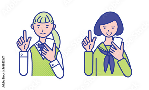 スマホを持った女子学生の上半身のイラスト素材【セット】