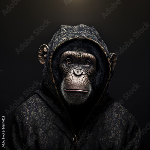portrait of a chimp wearing designer