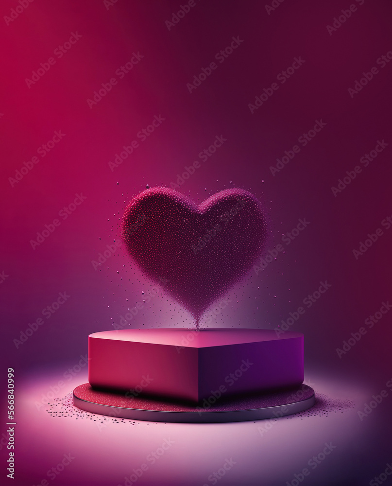 red love heart made of particles on pedestal podium for greeting cards and valentines concepts with copyspace area