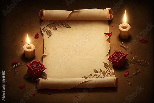 blank piece of parchment Valentine`s day theme background with Rose petals and candles, generative ai	
