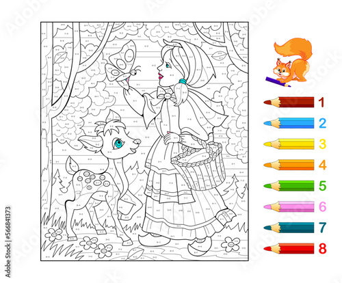 Math education for children. Coloring book. Mathematical exercises on addition and subtraction. Solve examples and paint the girl in forest. Developing counting skills. Printable worksheet for kids.