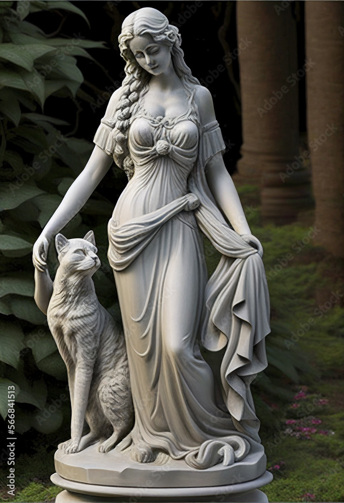 Fototapeta premium Marble Statue of a Beautiful Lady and her Cat in a Formal Garden