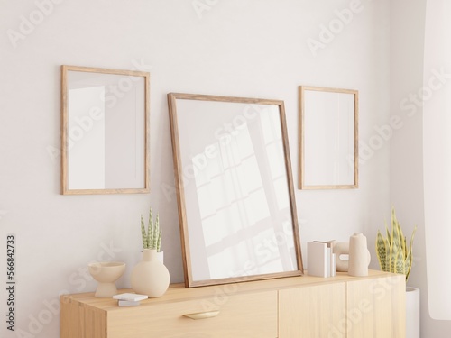 Vertical wood frame mockup in living room interior with window light shadow. 3d rendering, 3d illustration