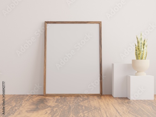 Vertical wood frame mockup in living room interior with window light shadow. 3d rendering, 3d illustration