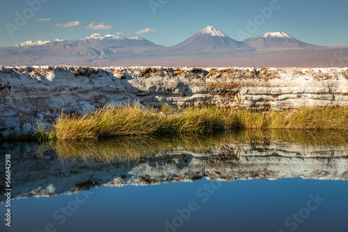 Licancabur with reflection lake and volcanic landscape at Sunset  Atacama  Chile