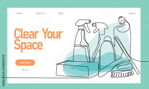 Home cleaning service landing page design concept, illustration of janitors with cleaning tools. Vector illustration