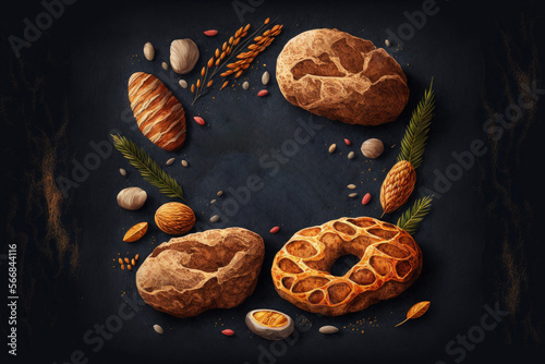 Food from a fresh bakery, including rustic, crusty loaves of bread and buns against a dark stone backdrop. top view and text copy area. Generative AI