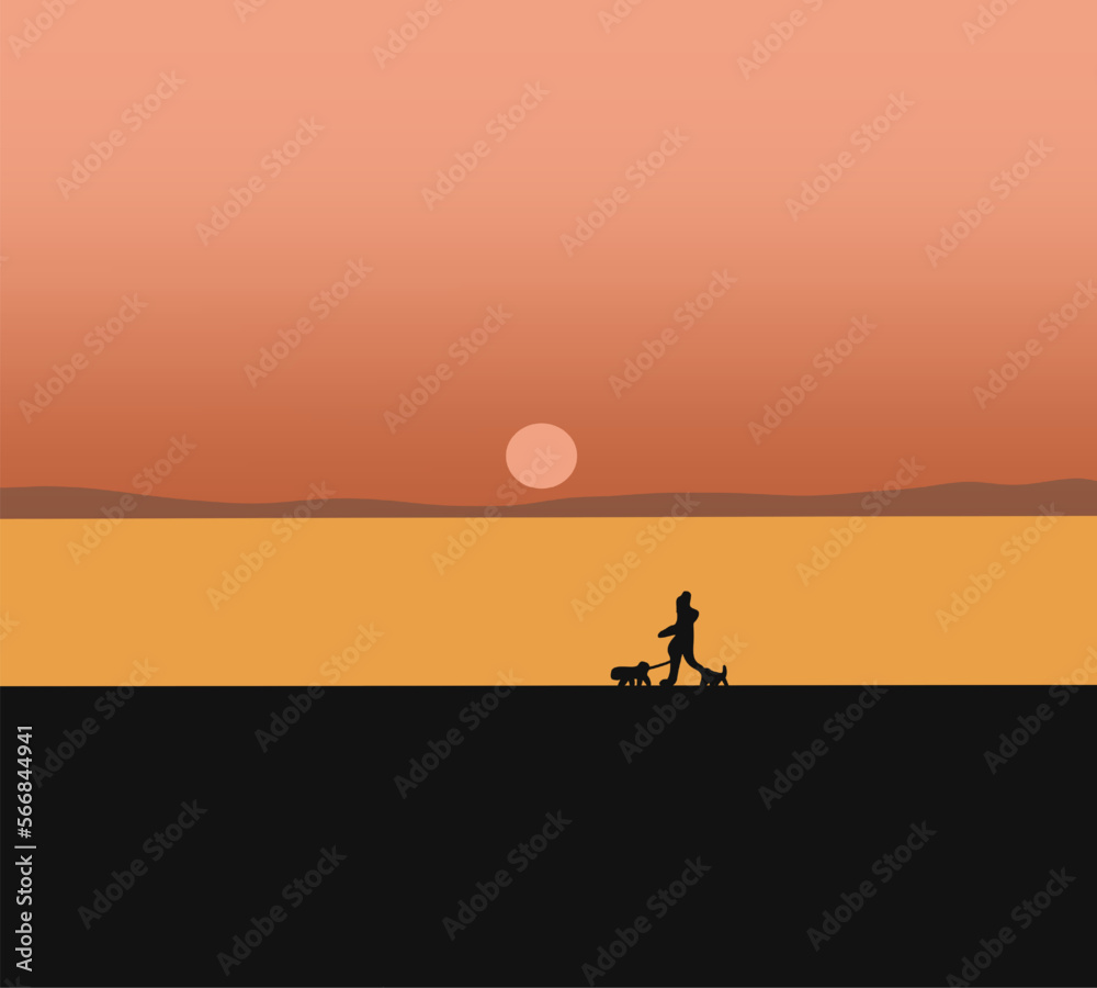 Woman and dog running free on beach on golden sunset. Running and playing along the water's edge. Beautiful orange color
