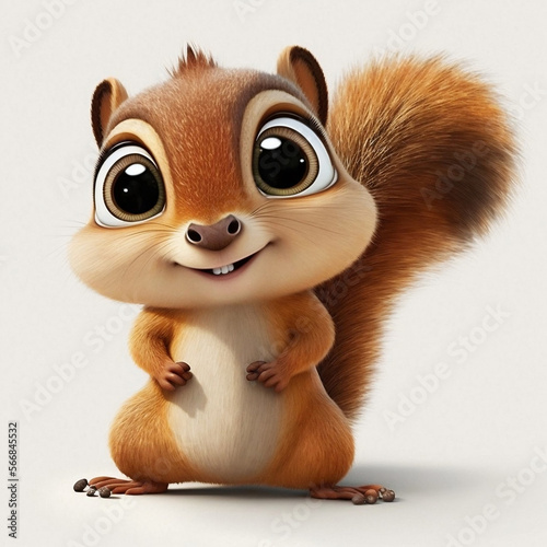Cute happy squirrel cartoon in white background, generative ai