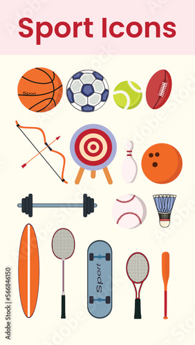 Sport icons illustration with ball  racket  surf board  basketball  arch.