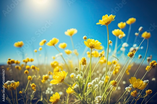 Meadow spring summer yellow flowers on a bright sunny day.  Blue sky. Selective focus. Generative AI. 