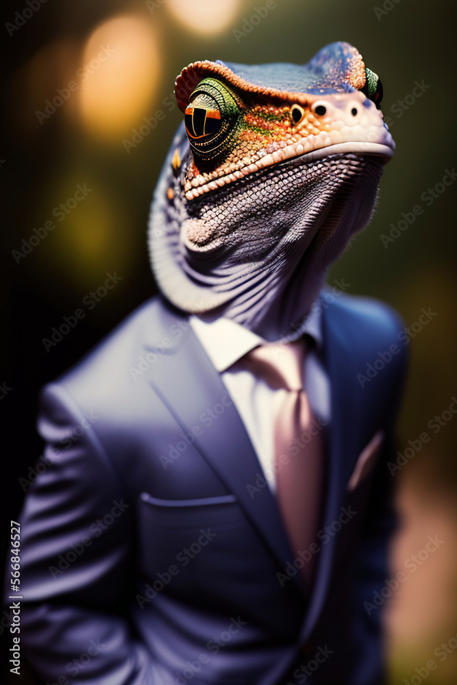 Lizard wearing a suit, businessman with head of a reptile, generative ai Lizard wearing a suit, businessman with head of a reptile, generative ai