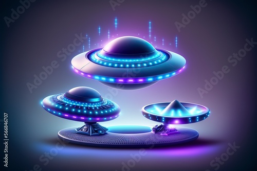 cartoon illustration, alien spaceship with blue and purple light, generative AI