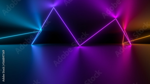 Sci Fy neon glowing wave lines in a dark hall. Reflections on the floor and ceiling. 3d rendering image. Abstract glowing lines. Techology futuristic background.