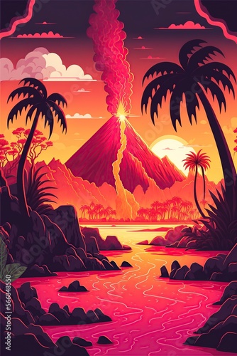 illustration cartoon prehistoric smoking volcanoes  generative AI