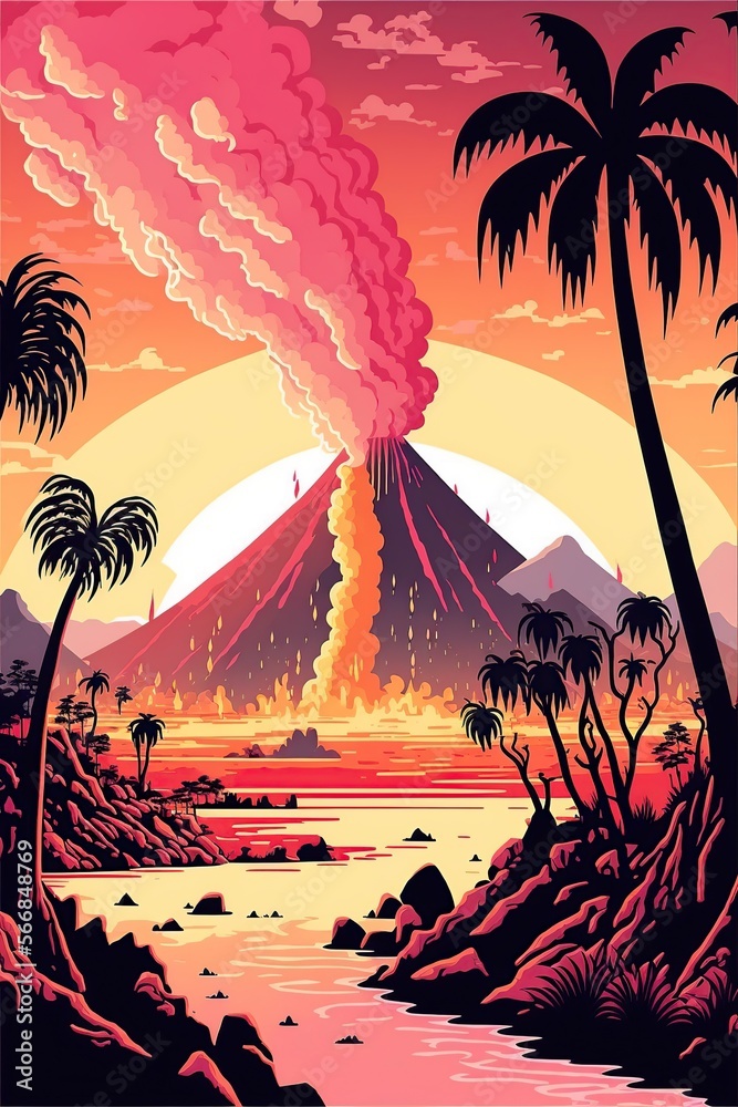 illustration cartoon prehistoric smoking volcanoes, generative AI