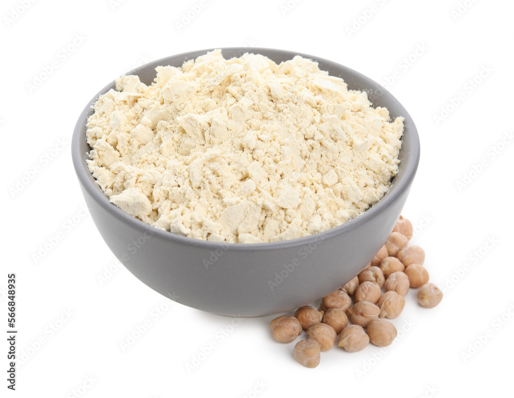 Chickpea flour in bowl and seeds isolated on white Chickpea flour in bowl and seeds isolated on white