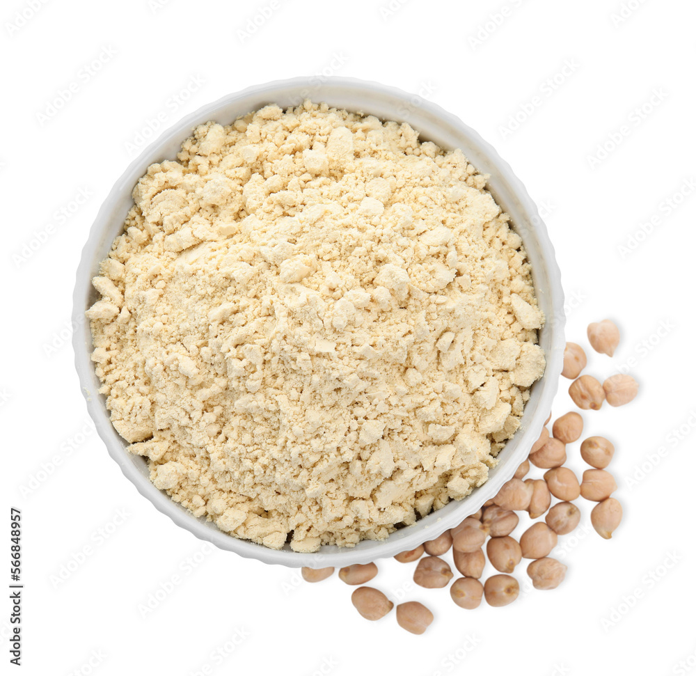 Chickpea flour in bowl and seeds isolated on white, top view Chickpea flour in bowl and seeds isolated on white, top view