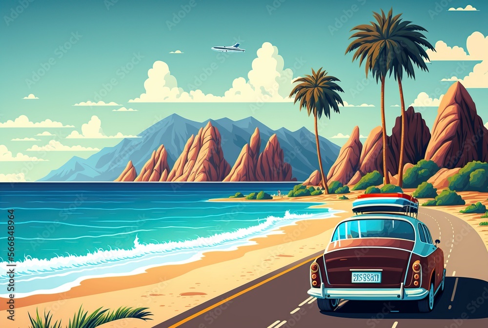 cartoon illustration, car on the road to the beach, generative AI