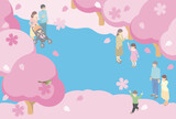 フレーム　アイソメトリック　家族　ファミリー　お花見　春　さくら　桜　背景　イラスト素材