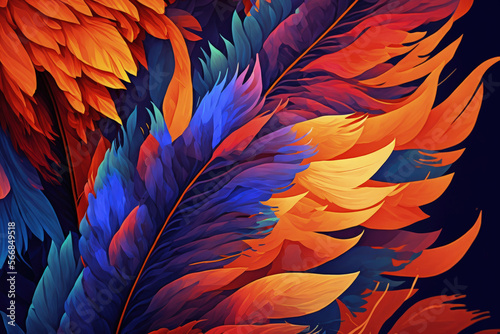 Feathers from a scarlet macaw bird with red, yellow, orange, and blue tones, as well as an exotic background and texture. Generative AI