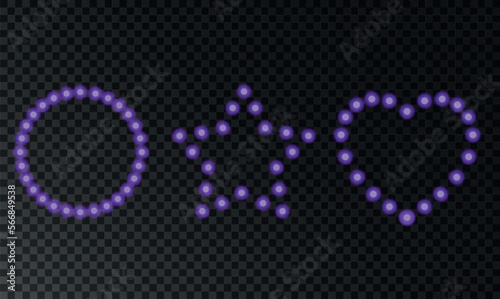 Set of frames from neon purple light bulb. Vector illustration. Three glowing garlands in round, star and heart shapes isolated on transparent background
