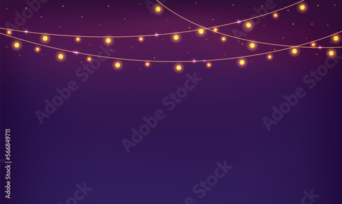 Gold glowing Christmas lights on strings over purple background. Vector illustration with decorative border from garland and copy space.