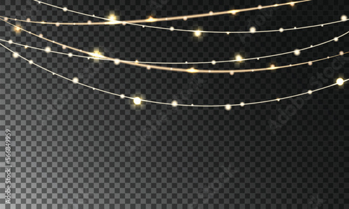 Glowing lights on wire strings isolated on transparent backdrop. Realistic vector illustration with white and gold garlands for Christmas decoration