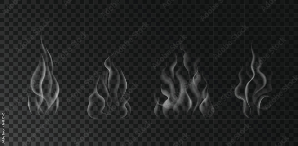 Collection of realistic bbq food steam effect. White smooth mist, smog, steam from coffee or tea on transparent background. Vector illustration - obrazy, fototapety, plakaty 