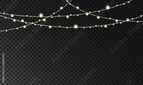 Vector illustration of Christmas lights isolated on transparent background. Realistic glowing and shiny decorative garland with bulbs on wire string.