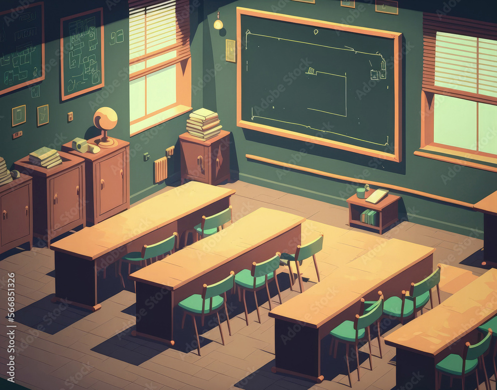 Empty classroom with chairs, desks and chalkboard. Generative AI Empty classroom with chairs, desks and chalkboard. Generative AI