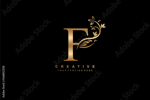 letter F logo design with flowers, leaves and golden feathers in a beautiful and elegant style. monogram F. typography F. initial F logo. suitable for, business, wedding, boutique, company, hotel, etc