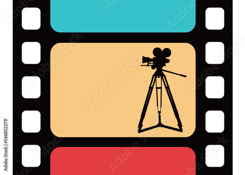 Movie film frame with a camera, vector illustration.