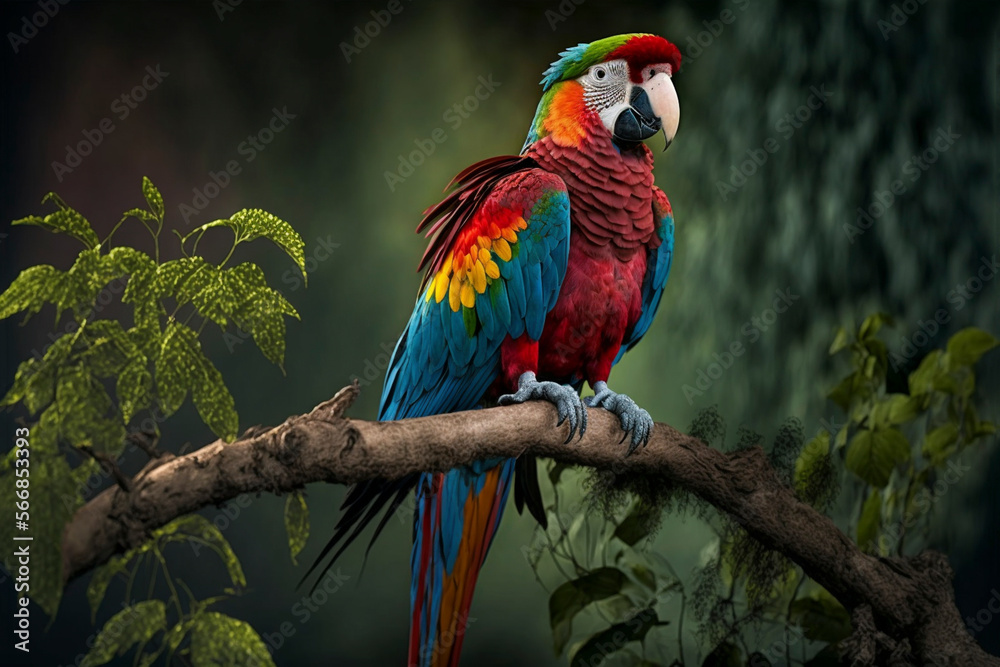 Colorful parrot on a branch. Created with generative Ai technology.