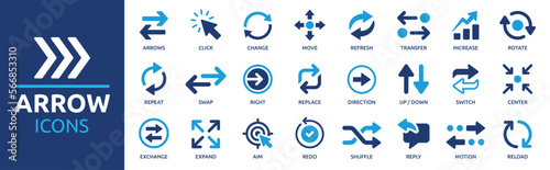 Arrow icon set. Containing cursor arrow, change, transfer, switch, swap, exchange, up, down and refresh symbol icons. Solid icon collection. photo