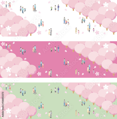 バナー　アイソメトリック　家族　ファミリー　お花見　春　さくら　桜　人物　フレーム　背景　イラスト © ribbon_s