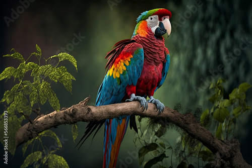 Colorful parrot on a branch. Created with generative Ai technology.