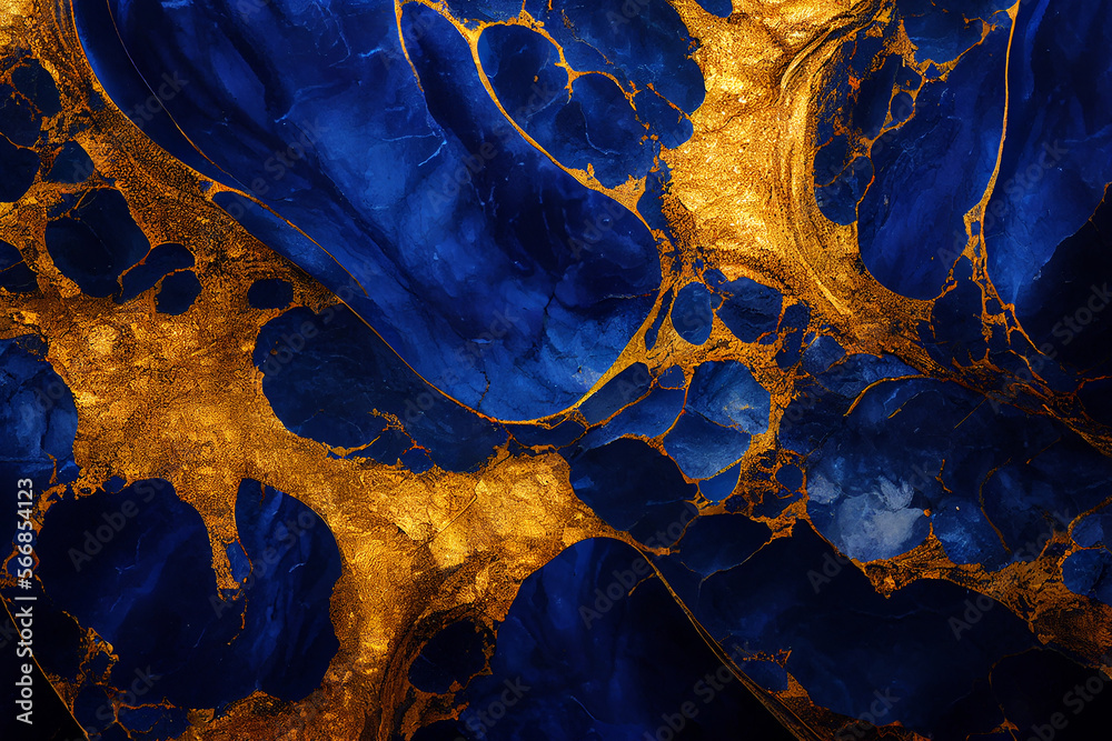 Abstract royal blue marble background with golden veins, marble stone