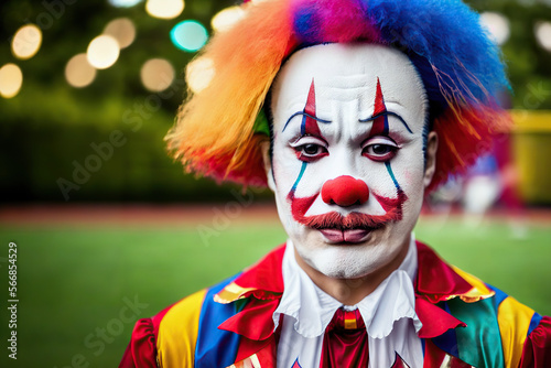A sad serious clown in a rainbow wig backyard setting bokeh background Generative AI Photo