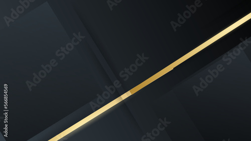 Abstract black geometric background with gold lines. Golden invitation, brochure or banner with minimalistic geometric style. Gold lines, Glitter, Frame, Vector Fashion Wallpaper, Poster, Blackboard.