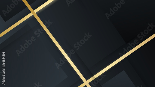 Abstract black geometric background with gold lines. Golden invitation, brochure or banner with minimalistic geometric style. Gold lines, Glitter, Frame, Vector Fashion Wallpaper, Poster, Blackboard.