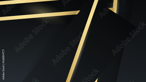 Abstract gold line on black background. Golden invitation, brochure or banner with minimalistic geometric style.