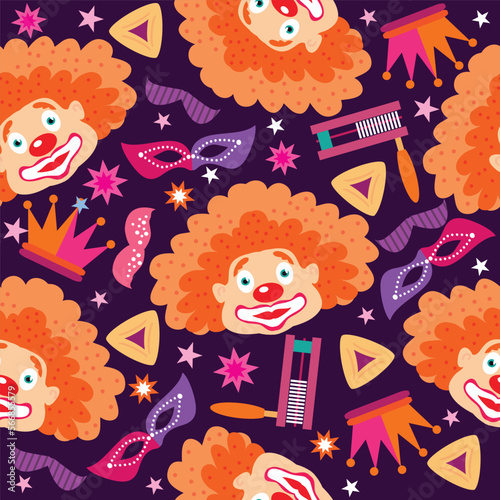 Carnival, Mardi Gras. Festive circus  clown,  rhomb ,mask seamless pattern for invitation,  poster, website background, wrapping, textile  Vector illustration