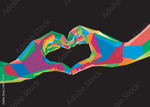 colorful love symbol hands in pop art style isolated on black background