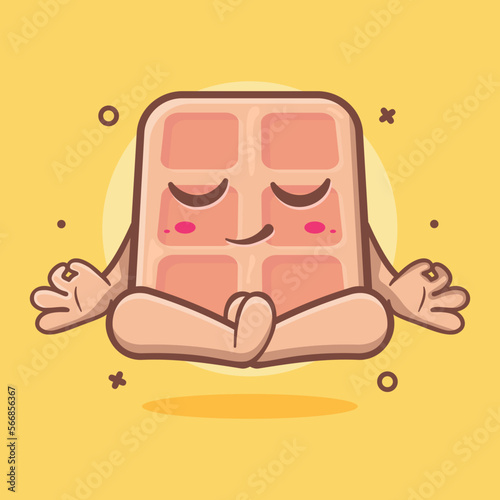 calm belgian waffle food character mascot with yoga meditation pose isolated cartoon in flat style design