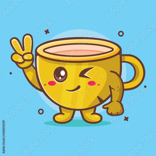 cute coffee cup character with peace sign hand gesture isolated cartoon in flat style design