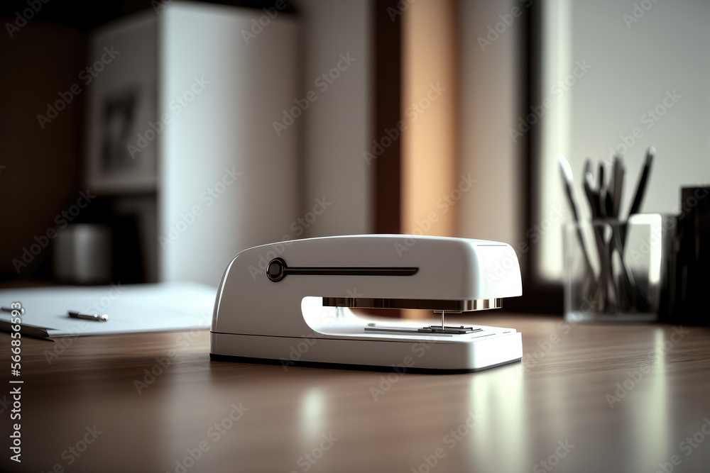 Brightly lit office room with a focus on a glossy white stapler on a clean desk, generative ai Brightly lit office room with a focus on a glossy white stapler on a clean desk, generative ai