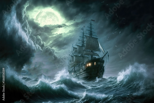 Pirate ship navigating during a storm. Thunder, rain big waves on the ocean. Black boat setting sails on rough water, sea. Digital artwork, painting. (ai generated)