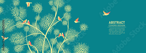 Flock of bird and tree branches trendy design background. Asian exotic pattern backdrop horizontal template with dove fowl birds. Vintage elegance decorative banner, invitation, voucher or certificate